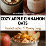 Jar of thick Apple Cinnamon Overnight Oats topped with apple slices and cinnamon in cozy fall style.